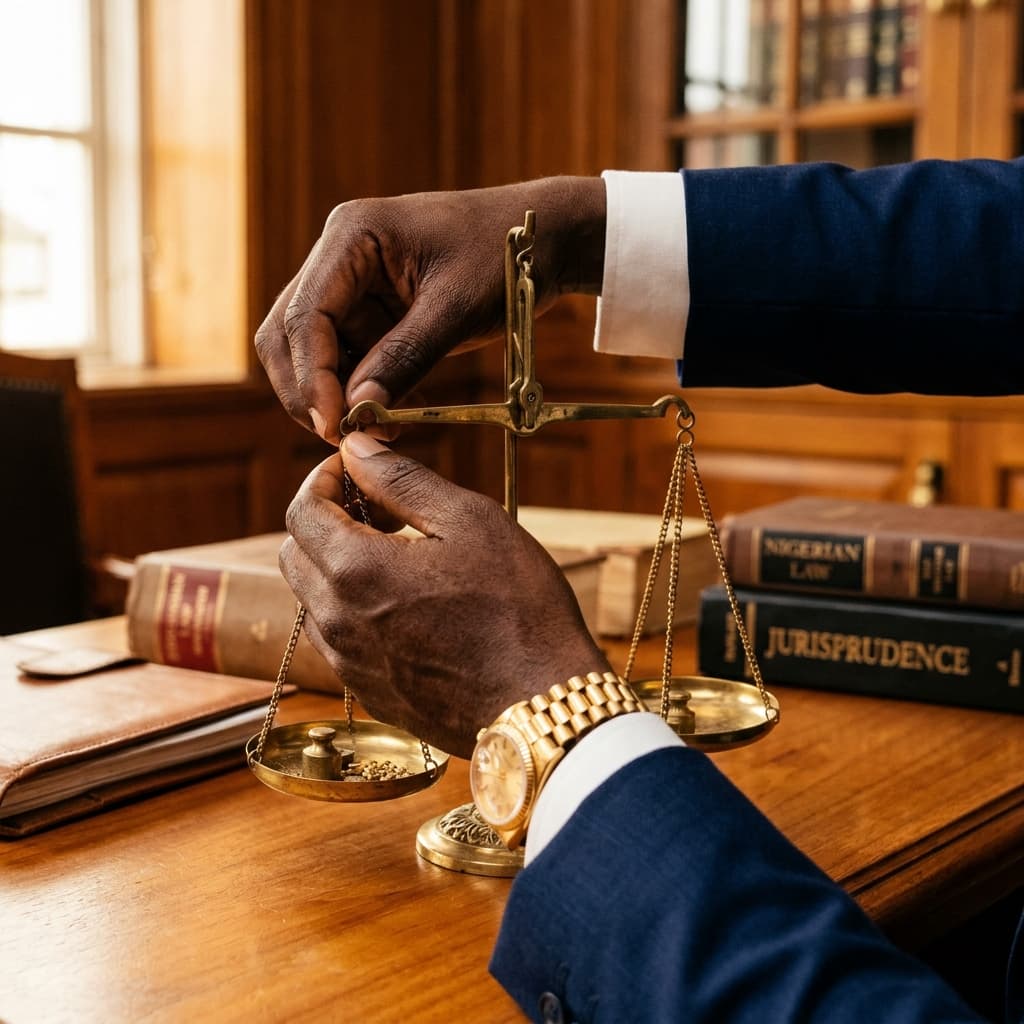 Lawkali Legal - Hands adjusting brass scales of justice on mahogany desk